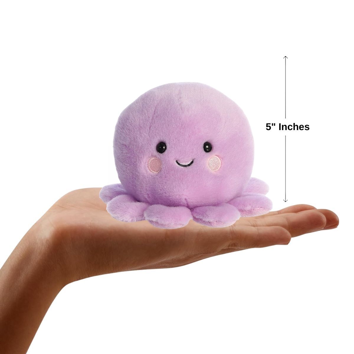 The miniature Oliver Octopus plush sitting balanced in an open human hand under a 5-inch height graphic indicator.