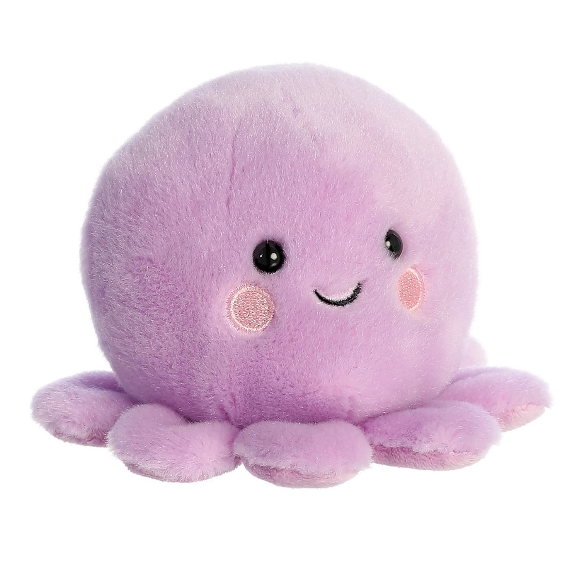 Aurora 5-inch Palm Pals Oliver Octopus plush toy sitting at an angle showing its pastel lavender-purple body, outspread ring of tentacles, and happy smiling face.