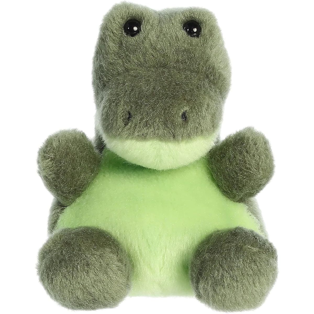 Aurora 5-inch Palm Pals Scales Alligator plush toy sitting forward showing its olive-green body, light lime-green chest, and glossy black eyes.