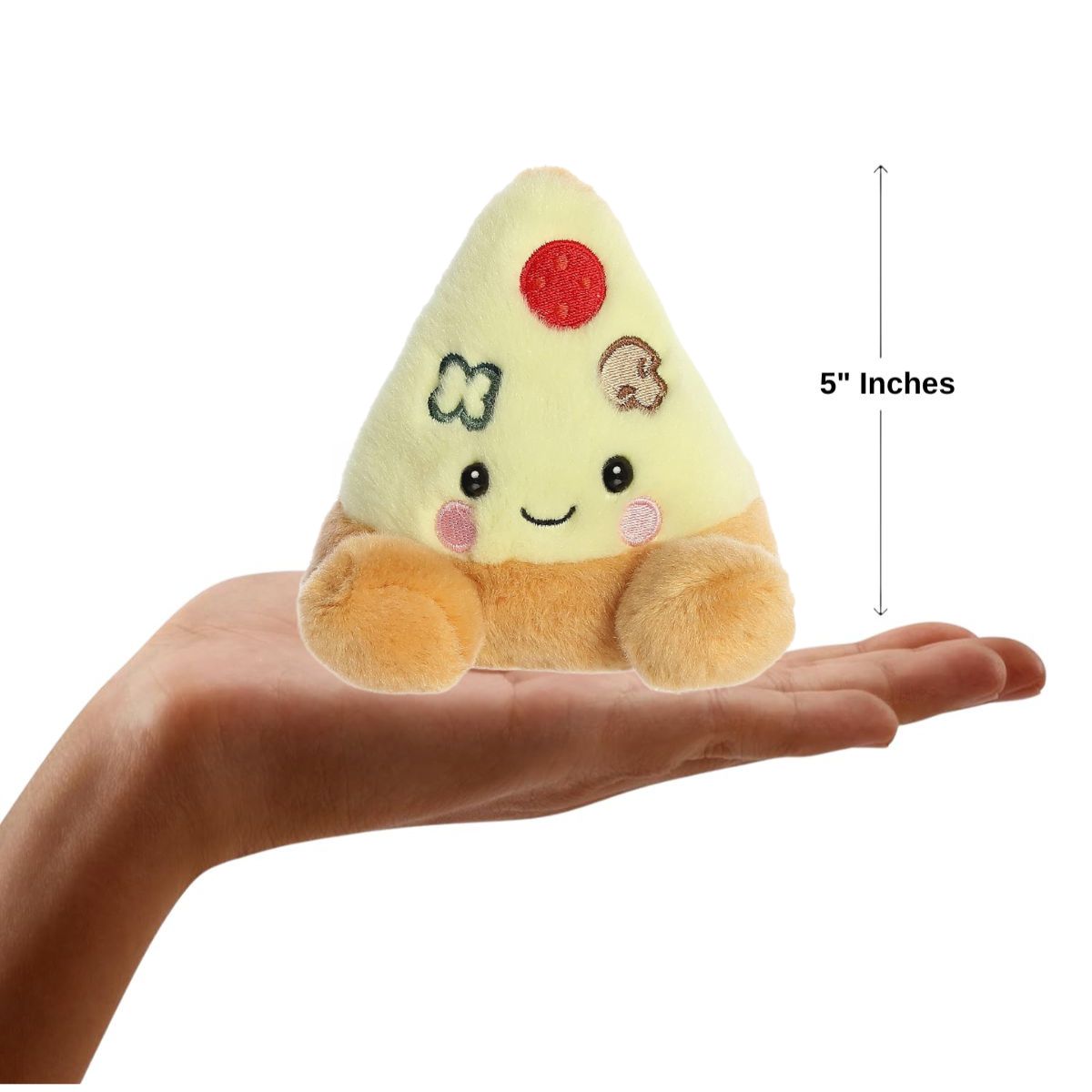 Lifestyle sizing graphic showing the 5-inch Aurora Palm Pals Pizza plush sitting perfectly in the palm of a person's outstretched hand.