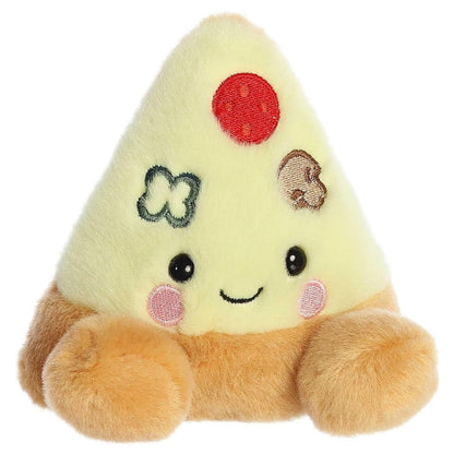 Front angled view of the Aurora Palm Pals 5-inch Peppa Pizza Slice plush sitting upright with a sweet face and embroidered toppings.