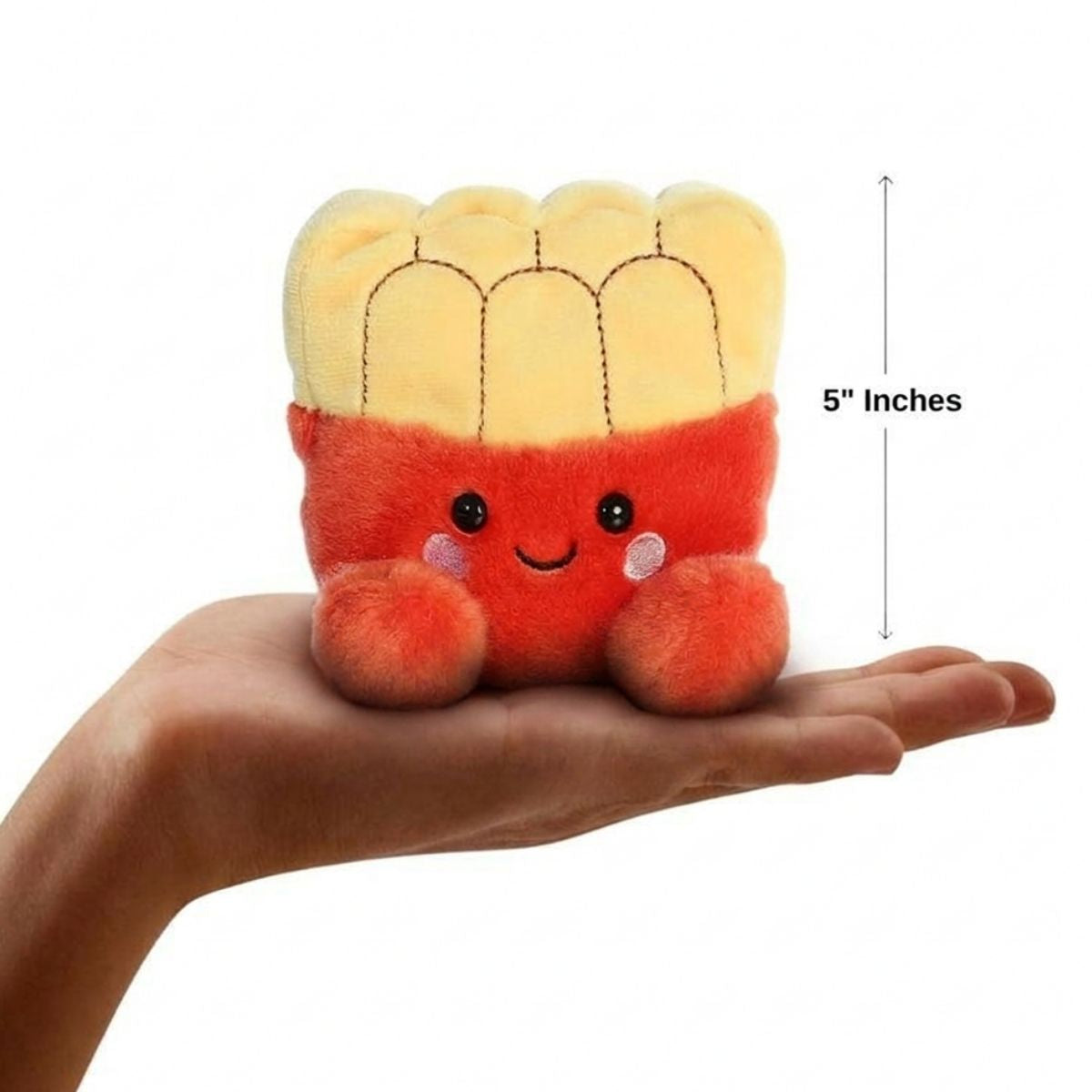 The miniature Frenchy Fries plush sitting balanced in an open human hand under a 5-inch height graphic indicator.
