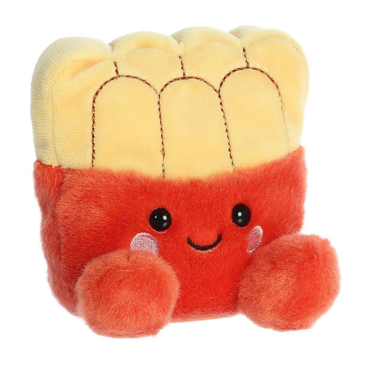 Aurora 5-inch Palm Pals Frenchy Fries plush toy showing its red fry box base with a smiling face, rosy pink cheeks, and golden-yellow plush fries with brown stitch lines sticking out the top.