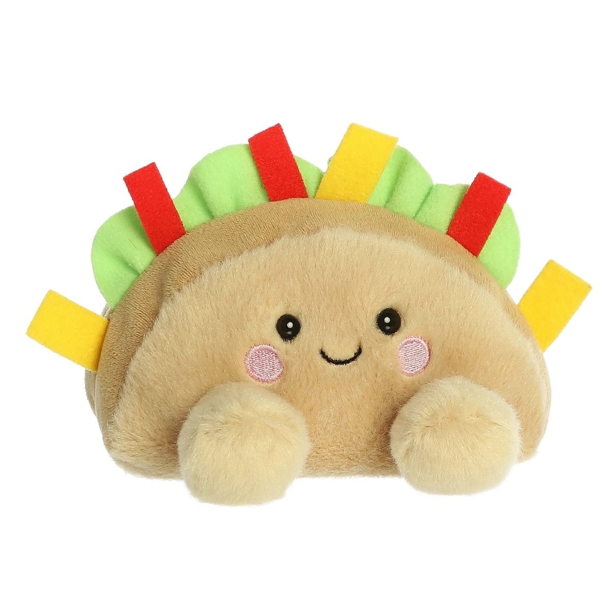 Aurora 5-inch Palm Pals Fiesta Taco plush toy showing its light tan taco shell body, bright green wavy lettuce, red tomato and yellow cheese fabric toppings, and a happy smiling face.