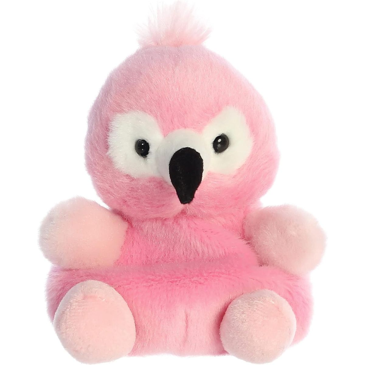 Straight-on front view of the soft pink Palm Pals flamingo stuffed animal featuring a fluffy head tuft and white face mask.