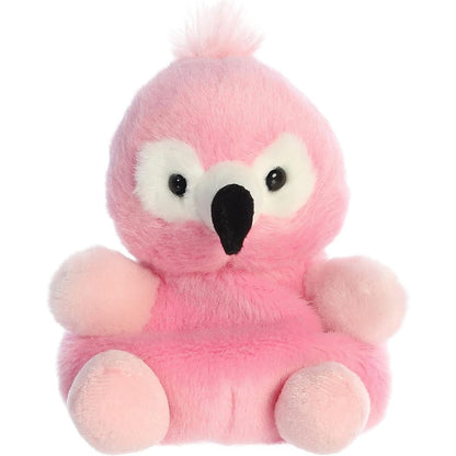 Straight-on front view of the soft pink Palm Pals flamingo stuffed animal featuring a fluffy head tuft and white face mask.