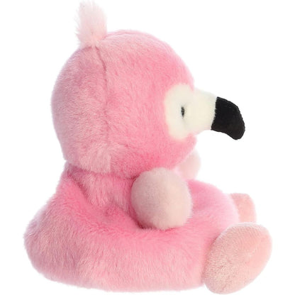 Side profile of the Aurora Palm Pals Pinky Flamingo plush highlighting its prominent black beak and round shape.