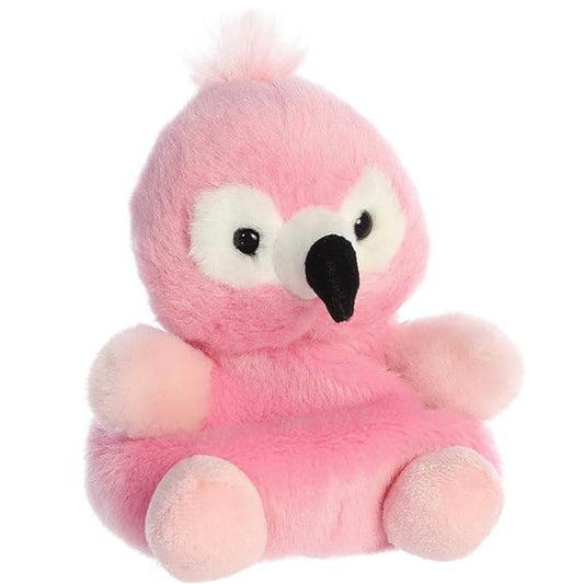 Angled front view of the 5-inch Aurora Palm Pals Pinky Flamingo pink plush toy with a black beak.