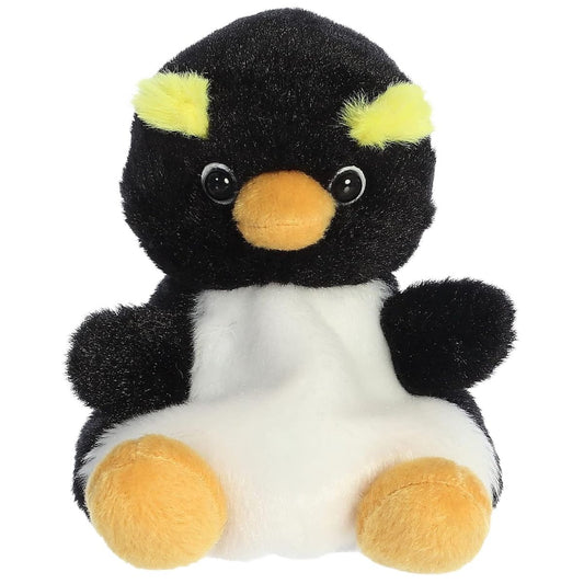 Front view thumbnail of the cute Rocco Rockhopper Penguin plush sitting straight, highlighting its dark safety eyes and yellow eyebrow tufts.
