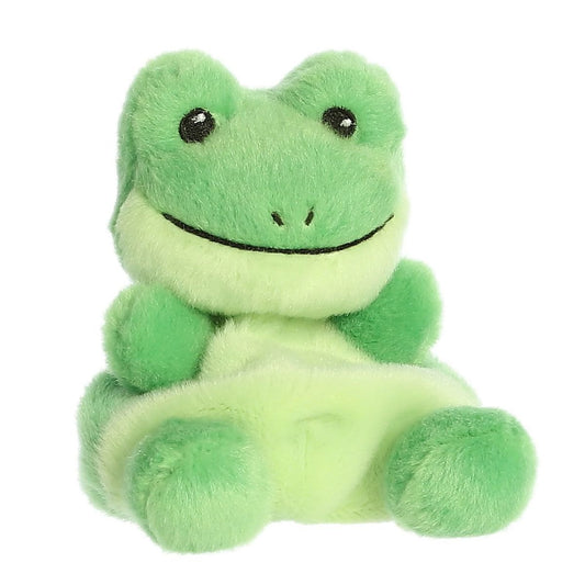 Aurora 5-inch Palm Pals Ribbits Frog plush toy sitting forward showing its vibrant green body, pale green underbelly, glossy black eyes, and a wide stitched smile.