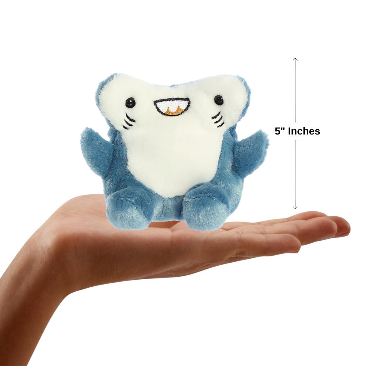 Lifestyle sizing graphic showing the 5-inch Aurora Palm Pals Hammerhead Shark sitting perfectly in the palm of a person's outstretched hand.