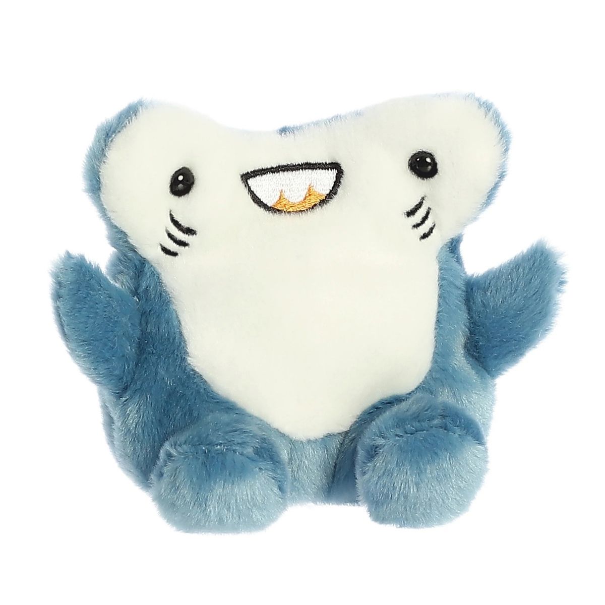 Front angled view of the blue and white Aurora Palm Pals 5-inch Huddleston Hammerhead Shark plush sitting upright.