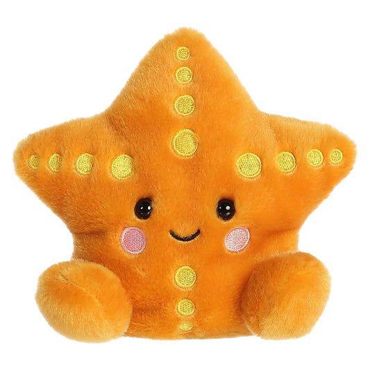 Straight front view of the Treasure Starfish plush sitting upright, showing its friendly expression and pink blushing cheeks.