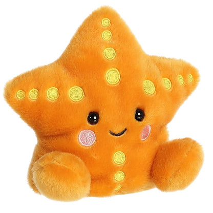 Front view of the 5-inch Aurora Palm Pals Treasure Starfish plush featuring bright orange fabric, yellow embroidered dots, and a sweet face.