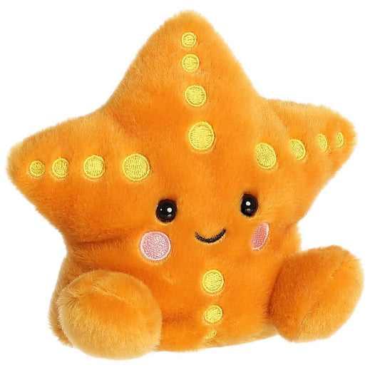 Front view of the 5-inch Aurora Palm Pals Treasure Starfish plush featuring bright orange fabric, yellow embroidered dots, and a sweet face.