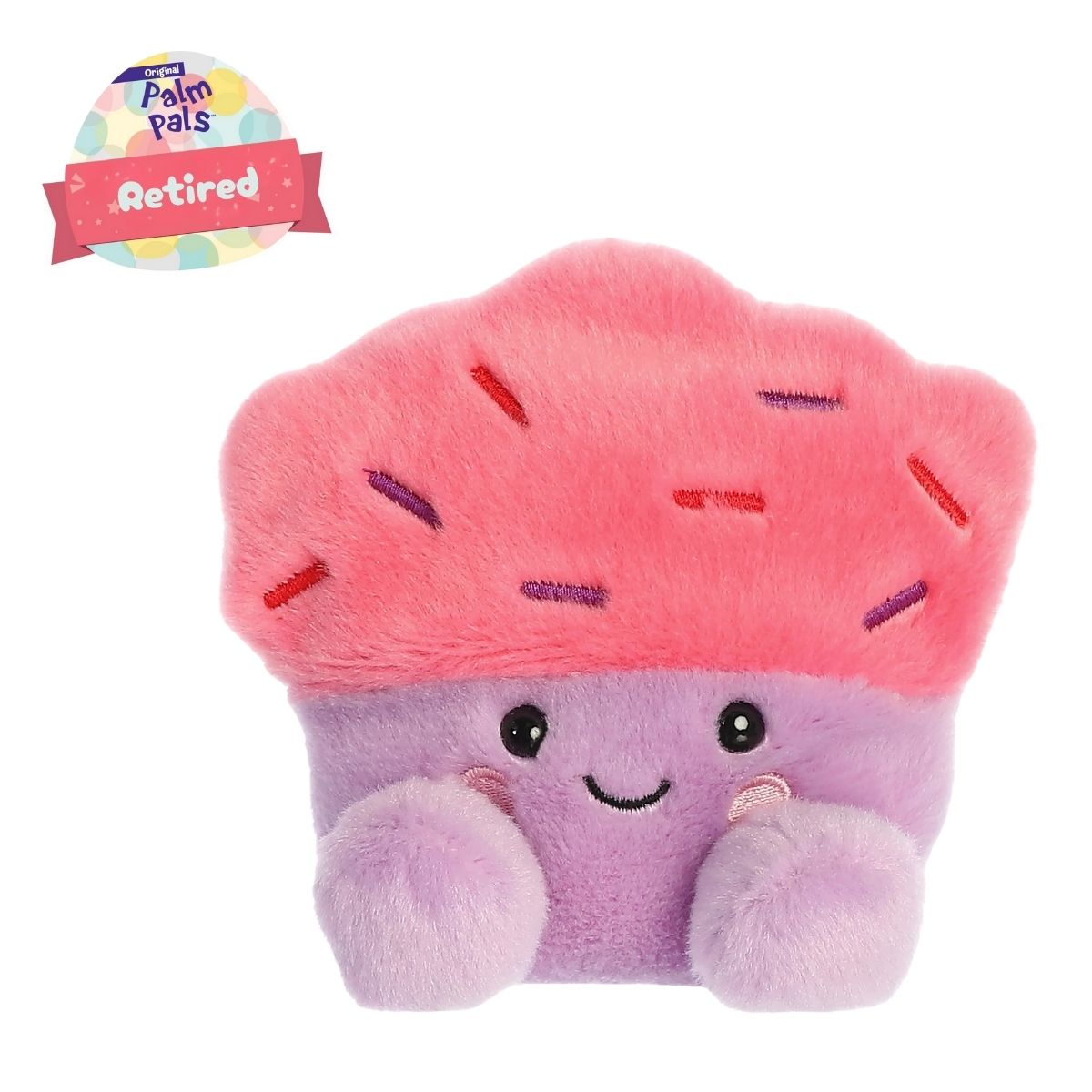 Front view thumbnail of the cute Marzia Cupcake plush sitting straight with a "Retired" tag graphic overlay, highlighting its dark safety eyes, small stitched grin, and lavender feet.