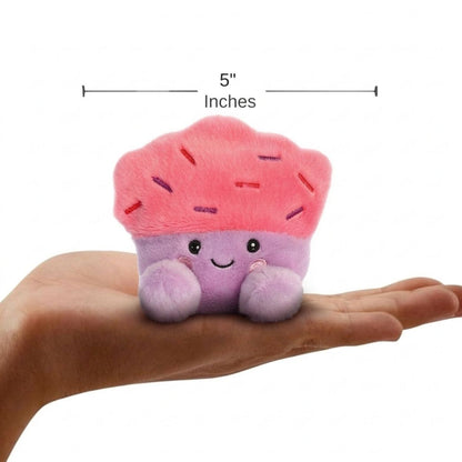 The miniature Marzia Cupcake plush sitting balanced in an open human hand under a 5-inch height graphic indicator.