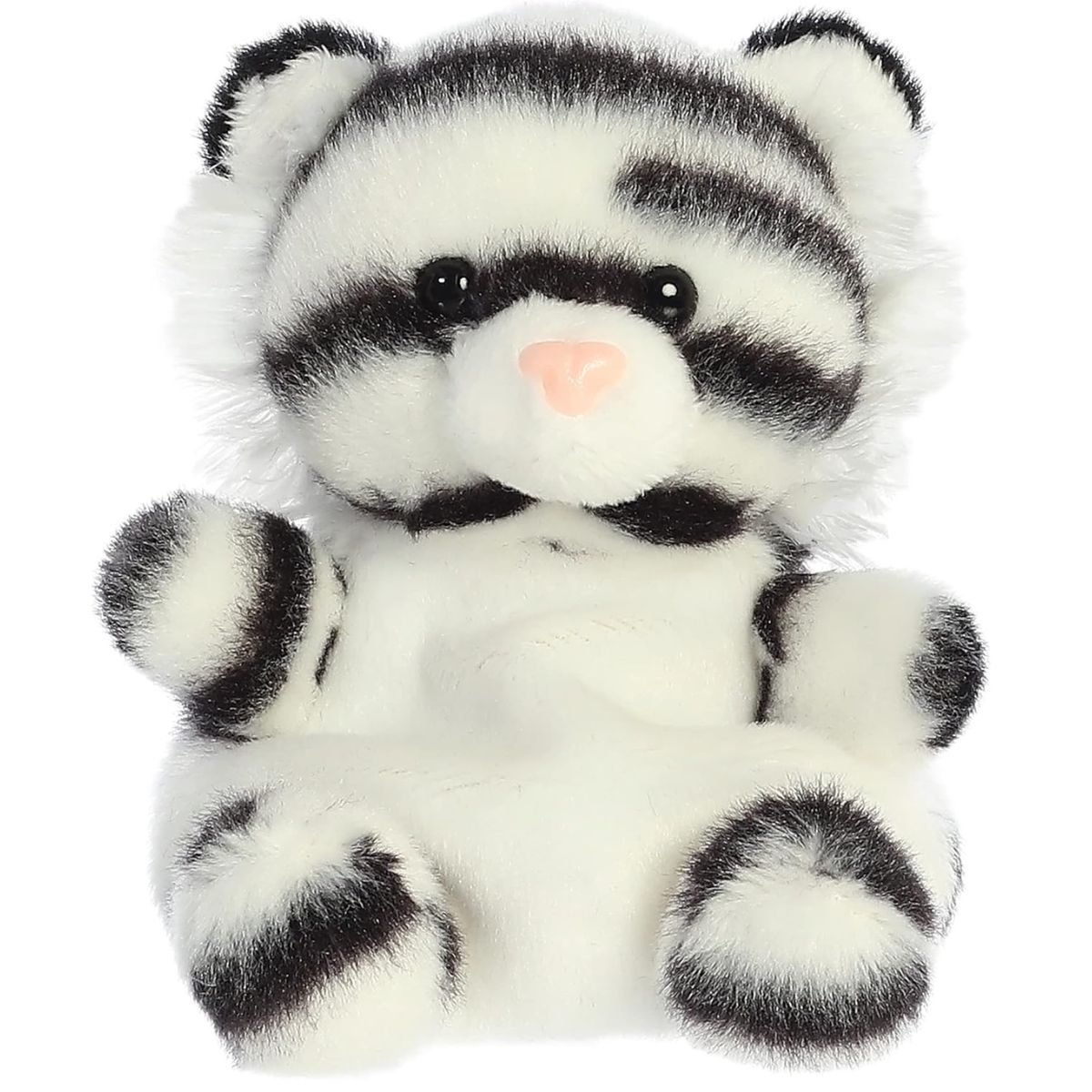Straight front view of the Kira White Tiger plush sitting upright, showing her friendly expression and striped paws.