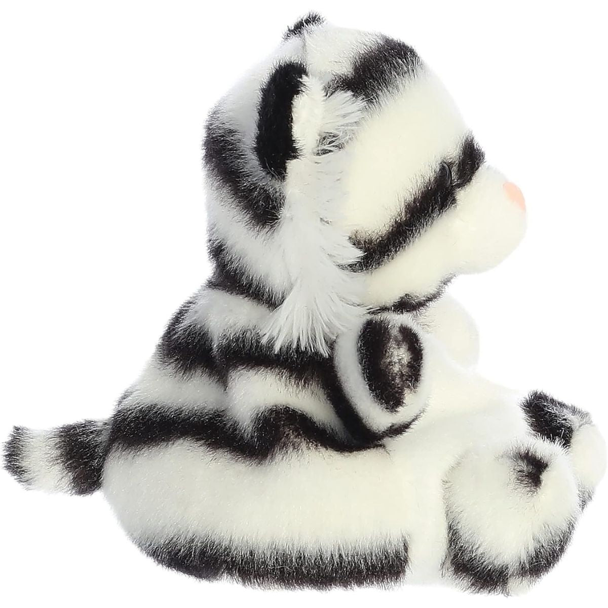Side profile view of the Kira White Tiger stuffed animal highlighting her plump shape and striped back.