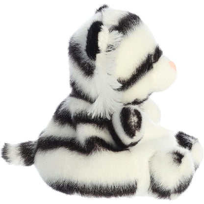 Side profile view of the Kira White Tiger stuffed animal highlighting her plump shape and striped back.