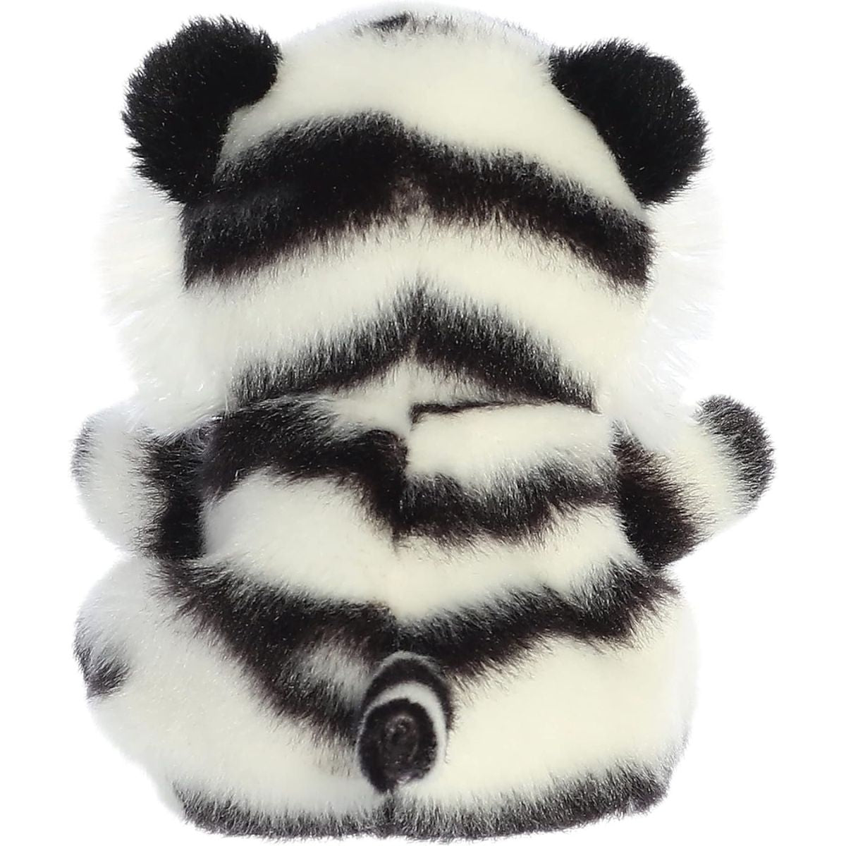 Back view of the Aurora white tiger plush showcasing her striking black and white stripes and little tail.