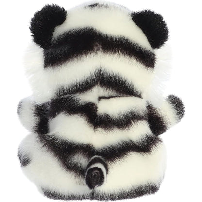 Back view of the Aurora white tiger plush showcasing her striking black and white stripes and little tail.