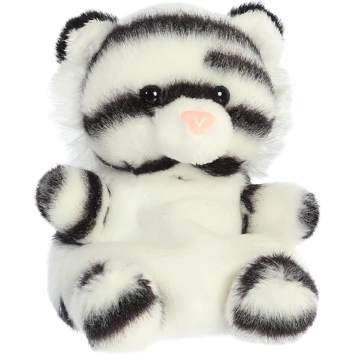 Front view of the 5-inch Aurora Palm Pals Kira White Tiger plush featuring white and black striped fur, fluffy cheeks, and a pink nose.