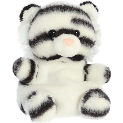 Front view of the 5-inch Aurora Palm Pals Kira White Tiger plush featuring white and black striped fur, fluffy cheeks, and a pink nose.