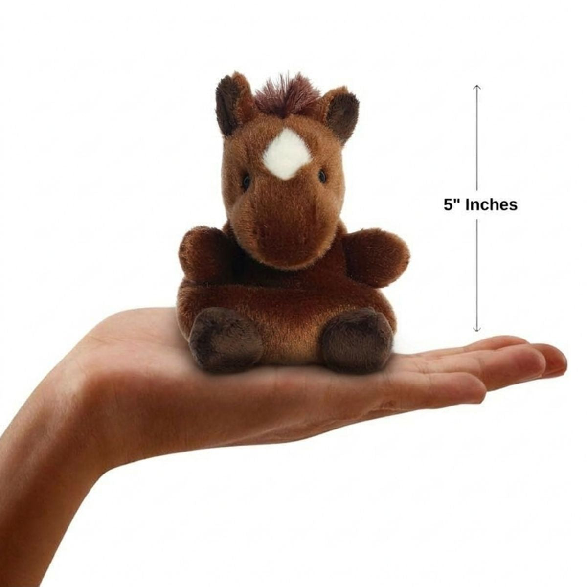 The miniature Truffle Brown Horse plush sitting balanced in an open human hand under a 5-inch height graphic indicator.