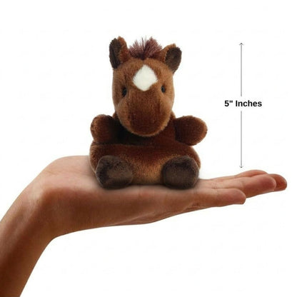 The miniature Truffle Brown Horse plush sitting balanced in an open human hand under a 5-inch height graphic indicator.