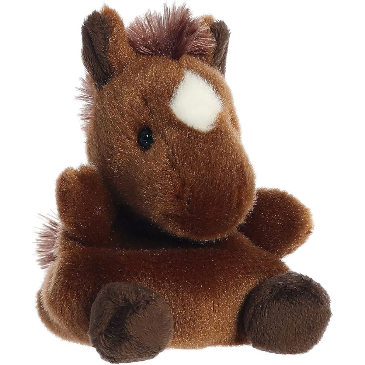 Aurora 5-inch Palm Pals Truffle Brown Horse plush toy sitting at an angle showing its deep brown fur, prominent muzzle, fuzzy mane, and bright white forehead patch.