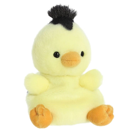 Front view of the adorable Aurora Benson Striped Chick stuffed animal featuring a sweet face, dark eyes, an orange beak, and little orange feet.