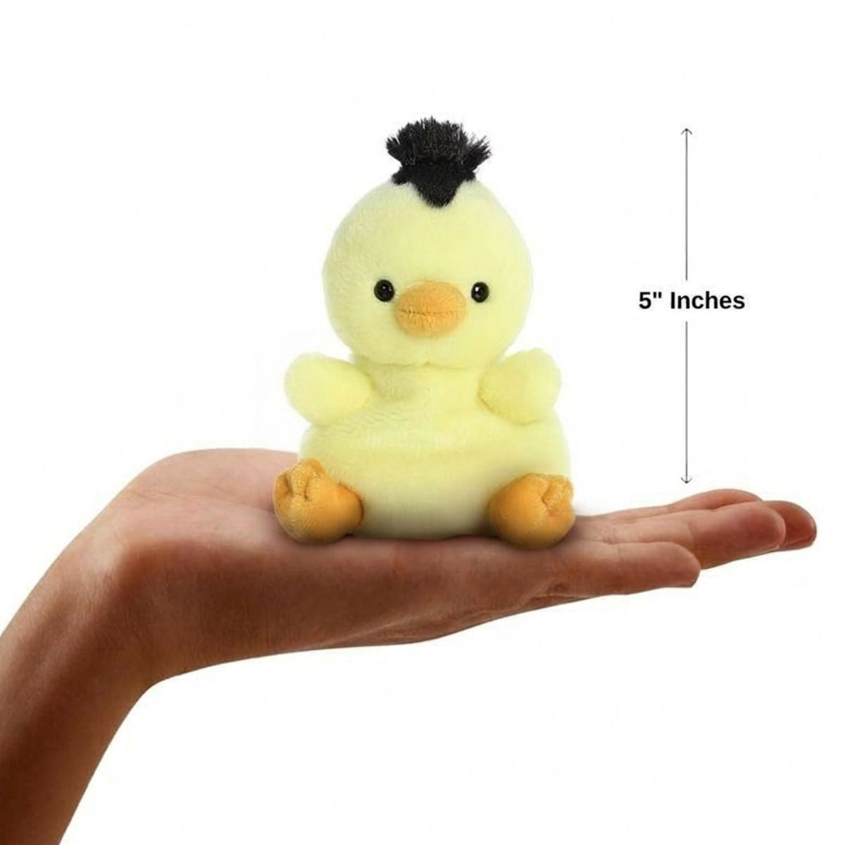 Sizing graphic for the Aurora Palm Pals Benson Striped Chick plush showing it sitting perfectly in the palm of a hand, indicating a total height of 5 inches.