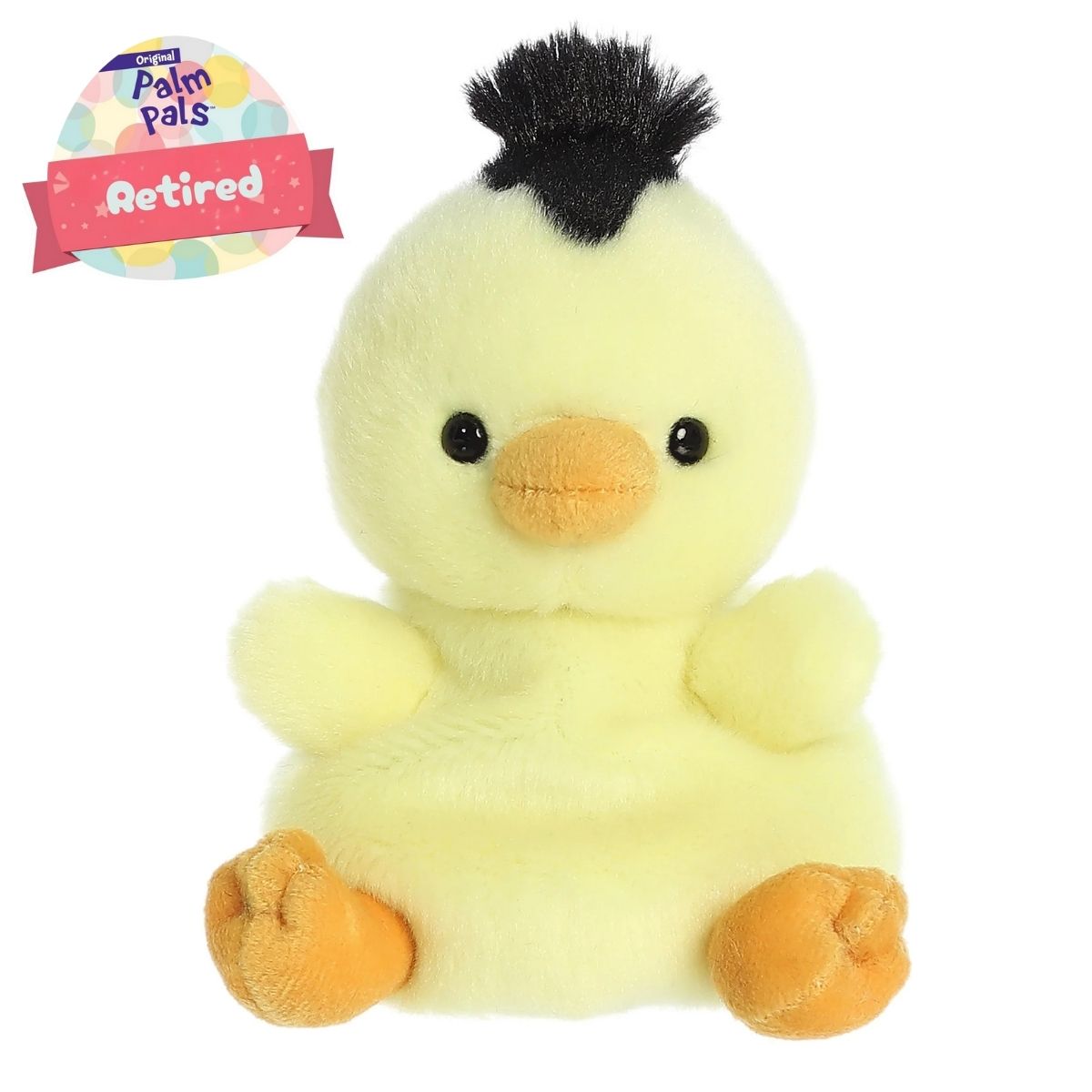 Angled view of the Aurora Palm Pals 5-inch Benson Striped Chick plush sitting upright, showing its yellow fur, black hair tuft, and a "Retired" badge.