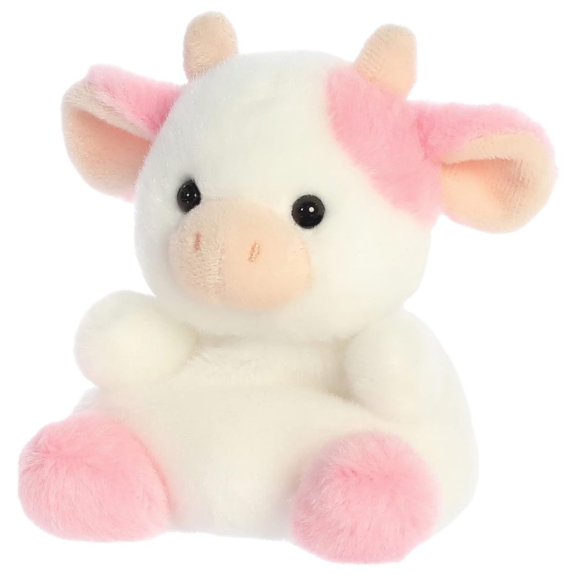Angled view of the sweet Palm Pals Belle Strawberry Cow plush looking slightly to the left.