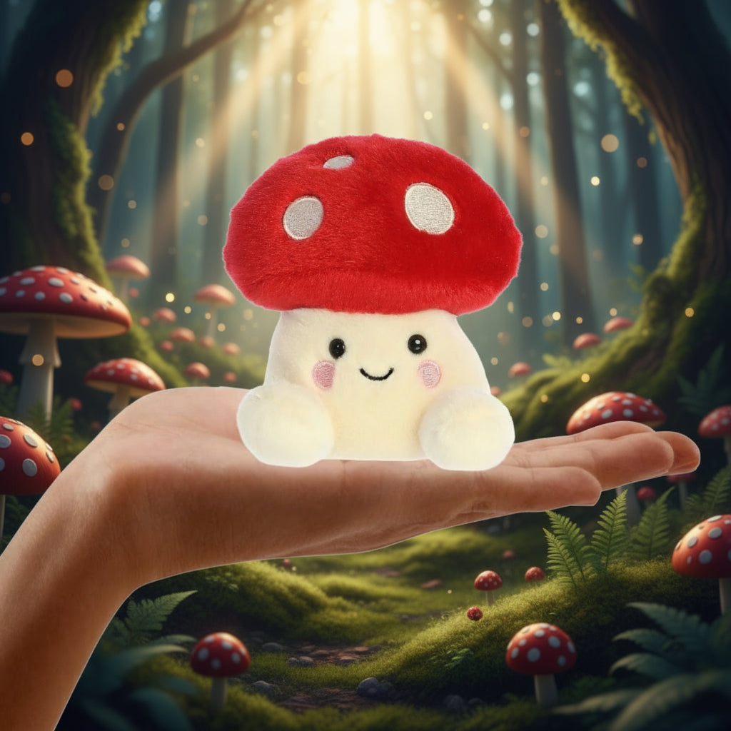 Plush mushroom toy held in a hand with a measurement label indicating 5 inches.