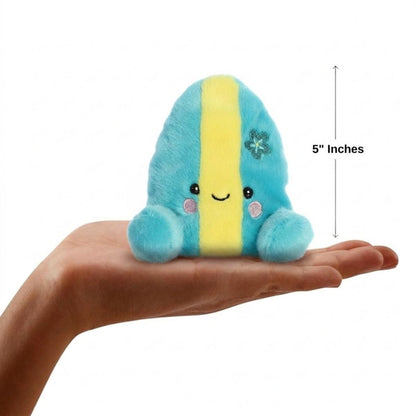 Hand scale view thumbnail showing the mini Fynn Surfboard plush sitting balanced in an open human hand next to a 5-inch height graphic indicator.