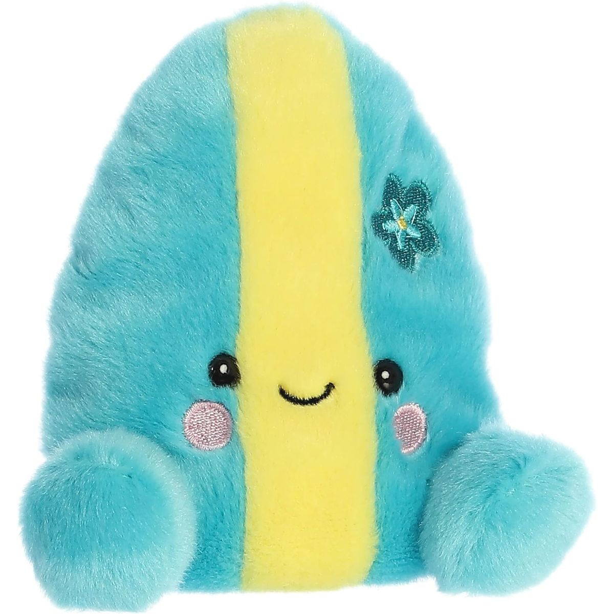 Aurora 5-inch Palm Pals Fynn Surfboard plush toy featuring turquoise blue fur, a yellow center stripe, embroidered green hibiscus flower, and rosy cheeks.