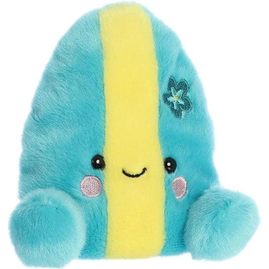 Aurora 5-inch Palm Pals Fynn Surfboard plush toy featuring turquoise blue fur, a yellow center stripe, embroidered green hibiscus flower, and rosy cheeks.