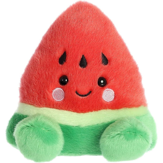 Front view thumbnail of the cute Sandy Watermelon plush sitting straight, highlighting its symmetrical green feet and friendly embroidered expression.