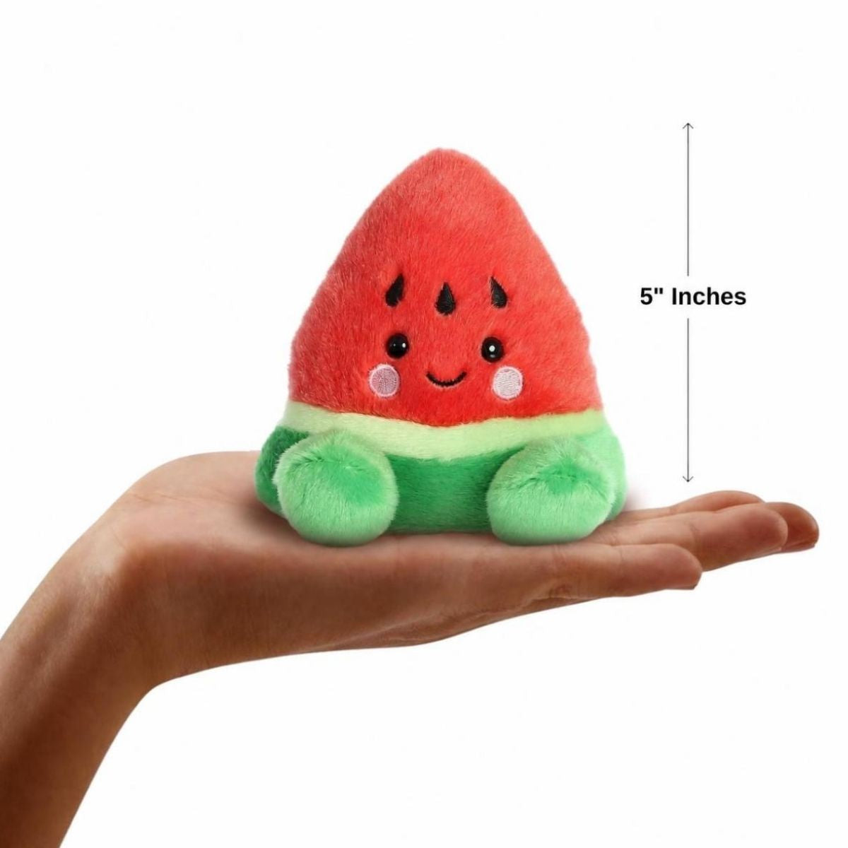 The miniature Sandy Watermelon plush sitting balanced in an open human hand under a 5-inch height graphic indicator.