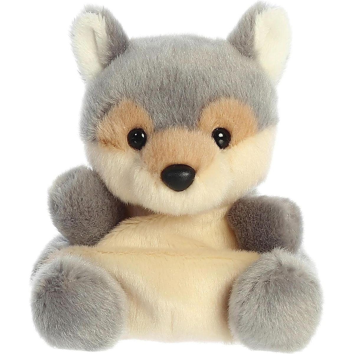 Straight front view of the Lucian Wolf plush sitting upright, showing his friendly expression and fluffy paws.