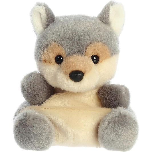 Straight front view of the Lucian Wolf plush sitting upright, showing his friendly expression and fluffy paws.