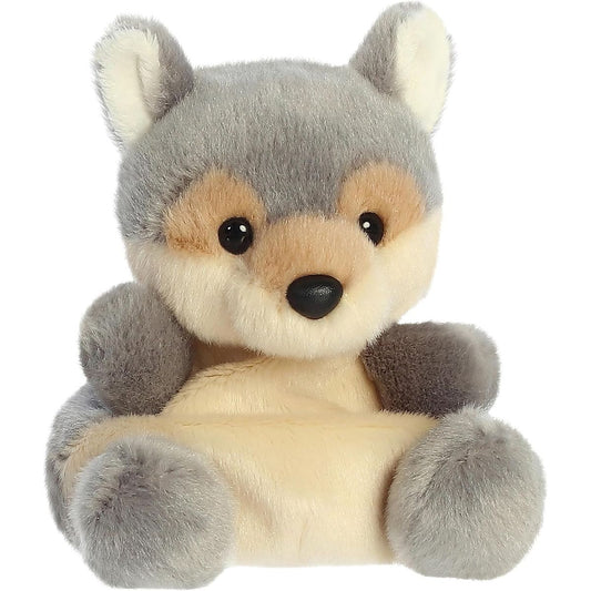 Front view of the 5-inch Aurora Palm Pals Lucian Wolf plush featuring grey and tan fur, pointed ears, and a sweet face.