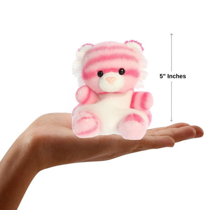Dimension graphic showing the Aurora Palm Pals rose pink tiger resting in a hand with a label indicating it is 5 inches tall.