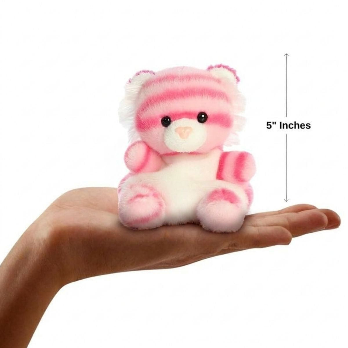 Dimension graphic showing the Aurora Palm Pals rose pink tiger resting in a hand with a label indicating it is 5 inches tall.