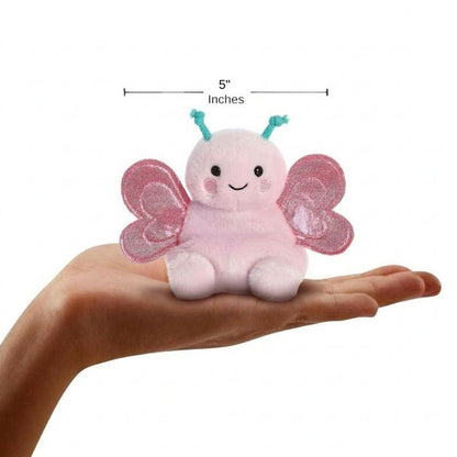 The miniature Petunia Butterfly plush sitting balanced in an open human hand under a 5-inch height graphic indicator.
