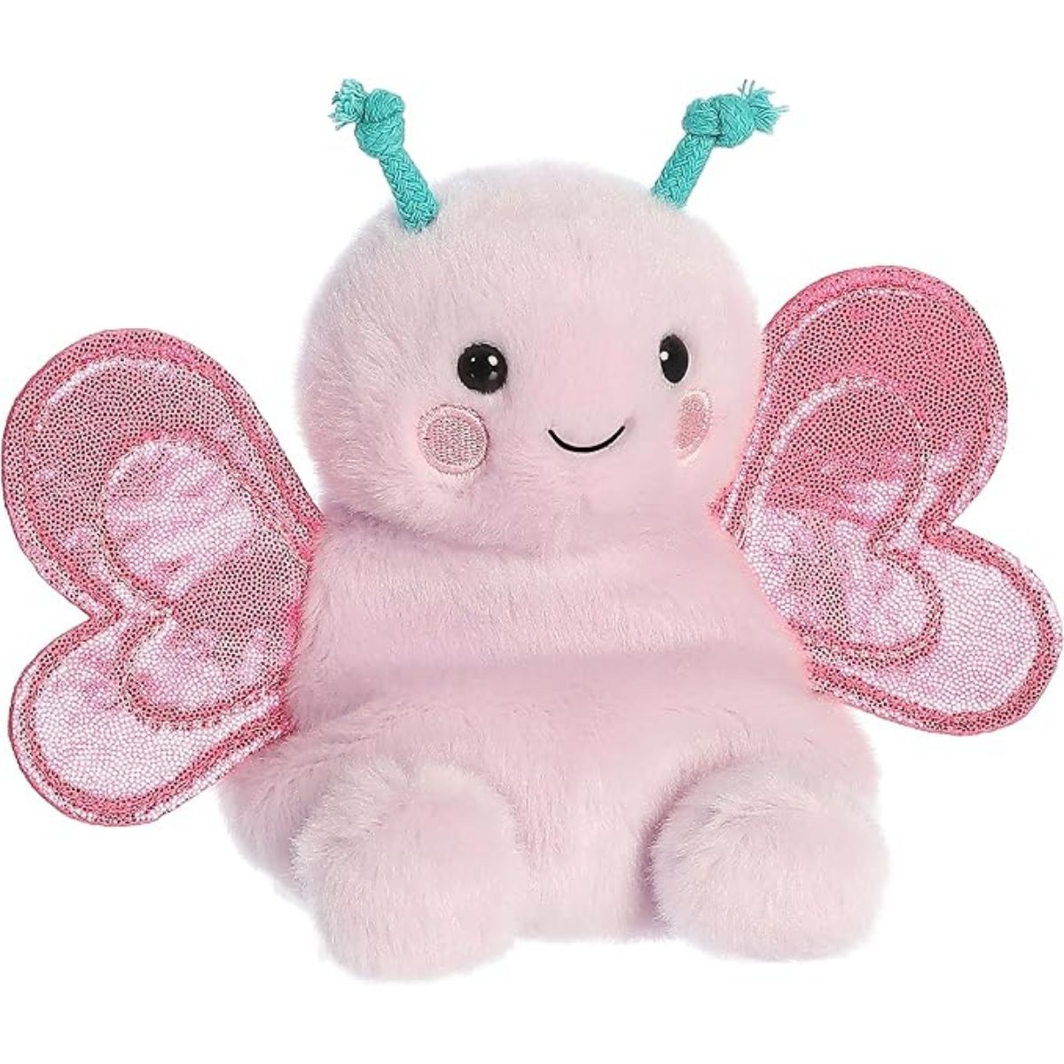 Aurora 5-inch Palm Pals Petunia Butterfly plush toy sitting forward showing its pastel pink body, glittering pink heart-shaped wings, and teal knotted antennae.
