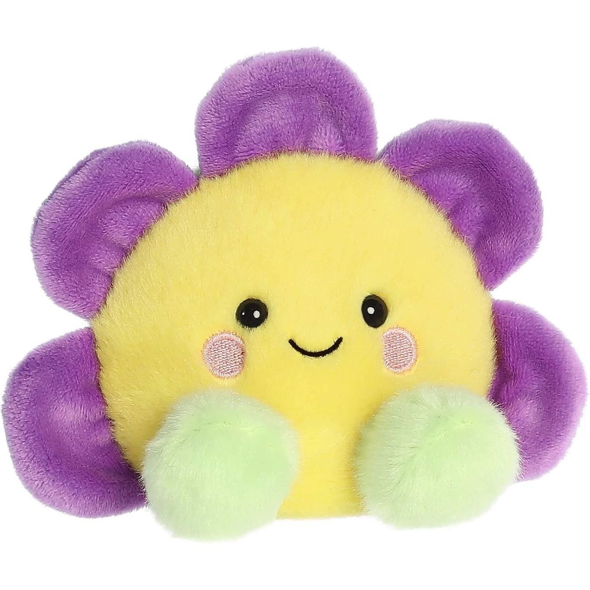 Aurora 5-inch Palm Pals Fallon Flower plush toy sitting forward showing its sunny yellow face, surrounding purple petals, mint-green feet, and a sweet smiling face.