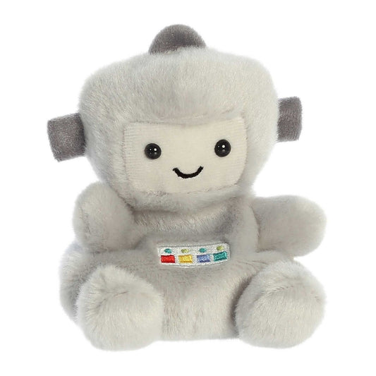 Aurora 5-inch Palm Pals Gadget Robot plush toy sitting at an angle showing its silver-gray body, cream screen faceplate with a stitched smile, dark gray side ear bolts, and a colorful chest button panel.